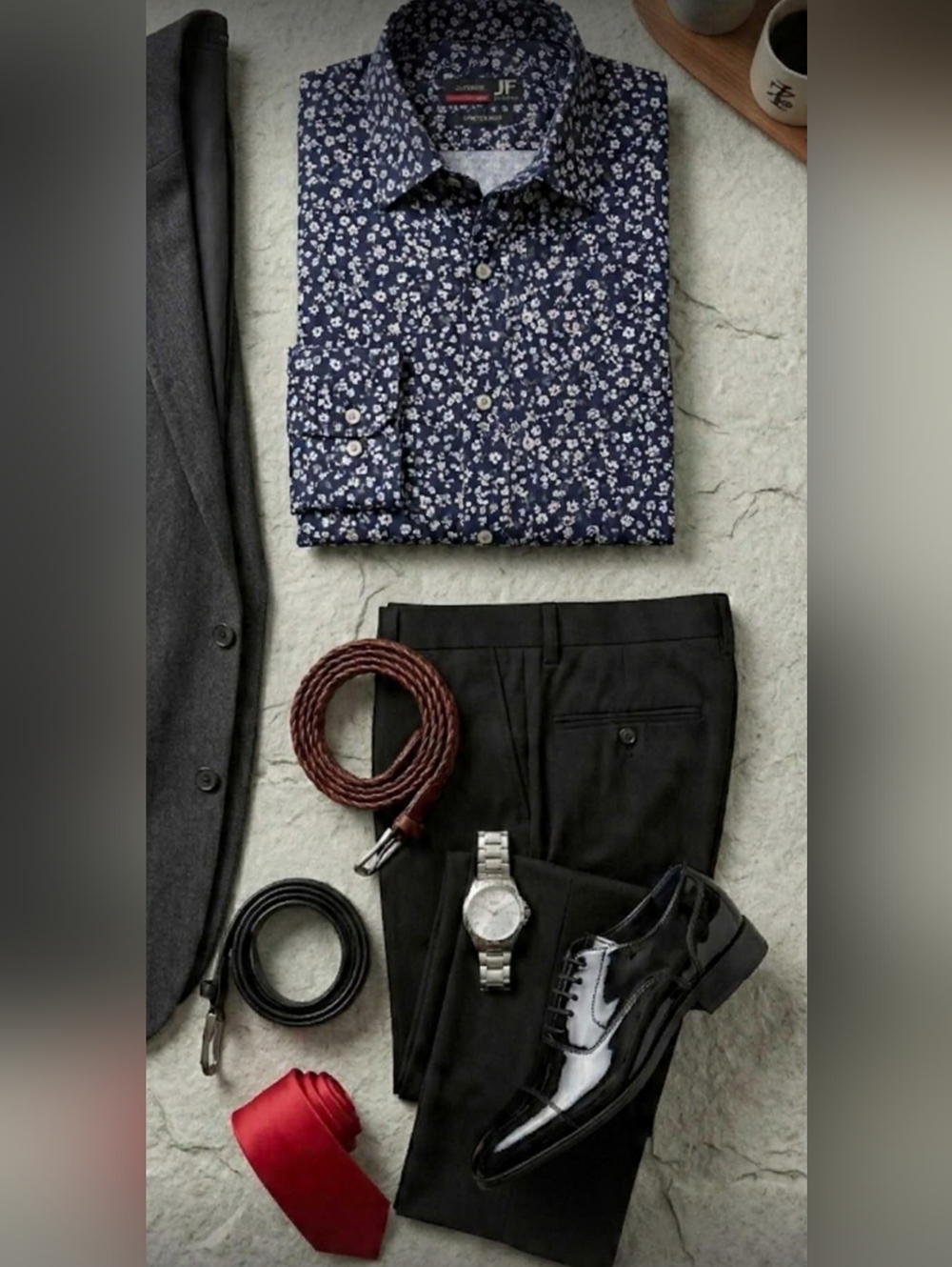 JF.Ferrar Men's Navy Floral Dress Shirt Size XL